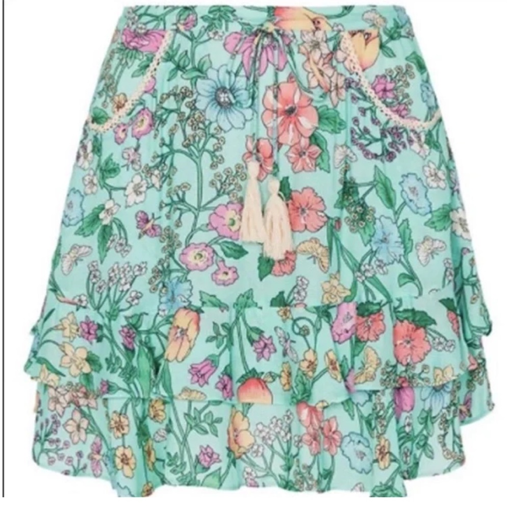 Spell Floral Tiered Mini Skirt in Mint with Multicolor Blooms